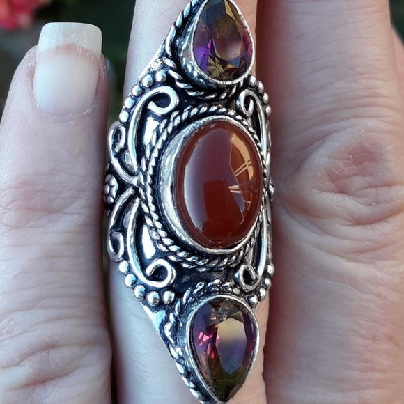 New Amazing Carnelian & Bi-Color Tourmaline 925 Silver Statement Ring. - Picture 7 of 8